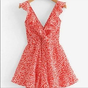 Red & White V Neck Floral Romper
